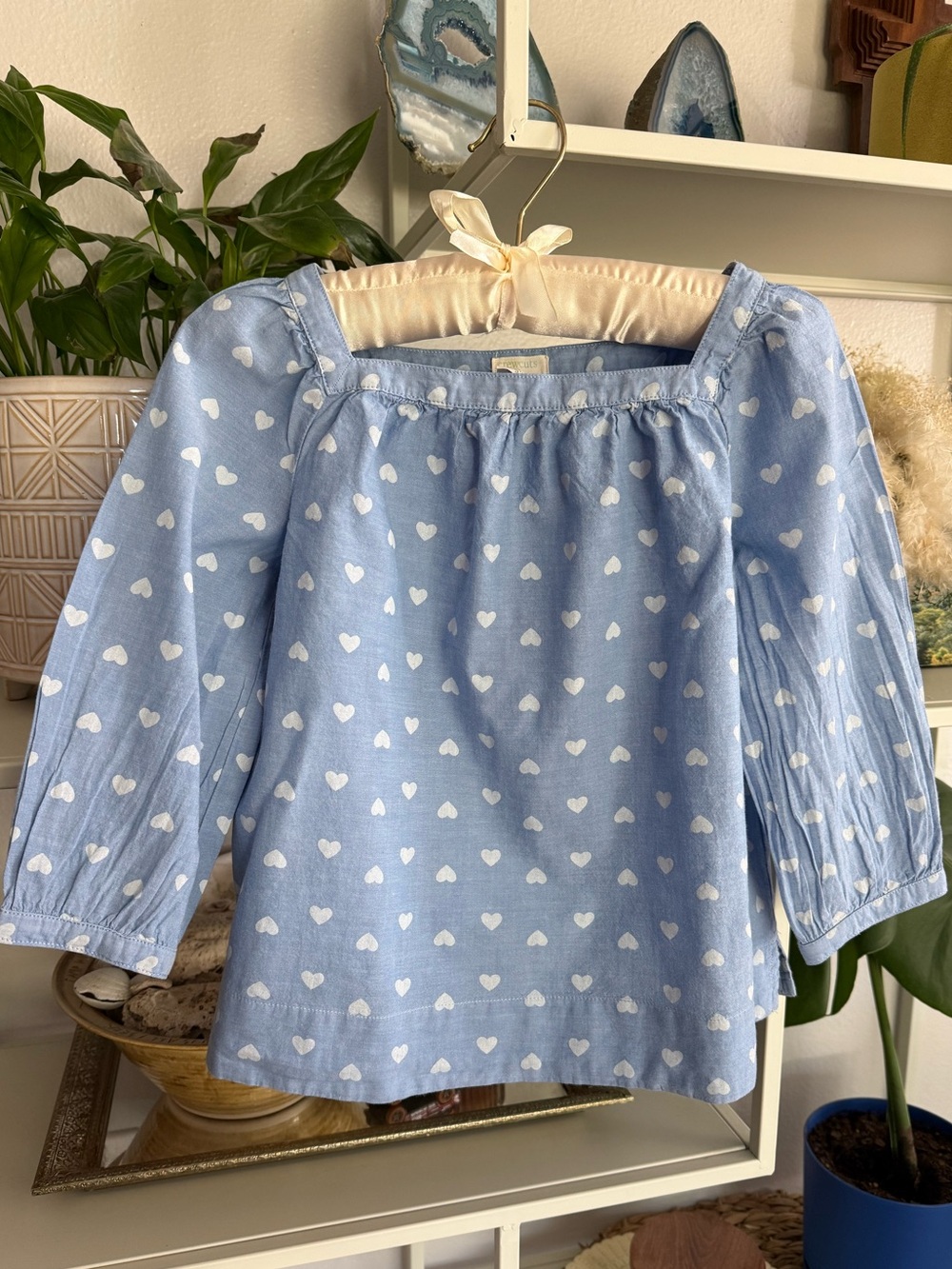 Crewcuts Light Blue Heart Print Long Sleeve Peasant Top